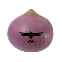 An onion-shaped stress reliever in purple, featuring a logo on its surface.