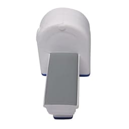 A white and grey stress reliever shaped like a scanner machine, featuring a flat base and rounded top.