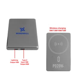 A silver 5000mAh aluminum power bank with USB ports and a wireless charging pad, featuring a logo.
