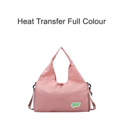 A pink duffle bag featuring a strap and a logo, designed with a sleek, modern look.