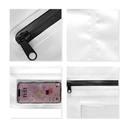 A PVC crossbody phone bag in white with a black zipper, featuring a phone pocket and a waterproof design.