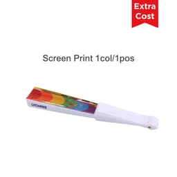 A paper hand-held fan with a white handle and a multicoloured fan blade design. It features a logo on the handle.