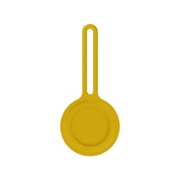 A yellow Air Tag protective case with a loop for attachment, featuring a smooth, minimalist design.
