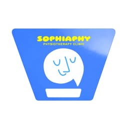 A blue triangular sign with a smiling face graphic and a logo for a physiotherapy clinic.