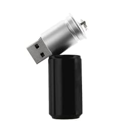 A black can-shaped flash drive with a silver USB connector partially exposed. It includes a logo on the surface.