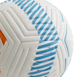A premium soccer ball in white with blue and orange accents, featuring a textured surface and logo.