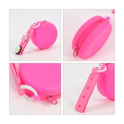 A pink silicone pouch with a zip closure and a strap featuring decorative elements and holes for attachment.