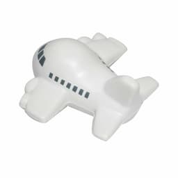 A white aircraft-shaped stress reliever with black detailing, featuring a logo on the surface.