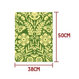 A kraft paper sheet measuring 38x50cm, featuring a green background with yellow floral patterns and a logo.