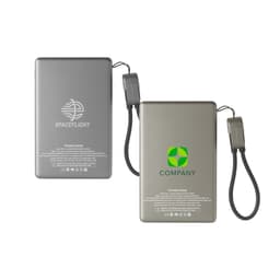A 5000mAh aluminium power bank in silver with a logo, featuring a USB charging cable.