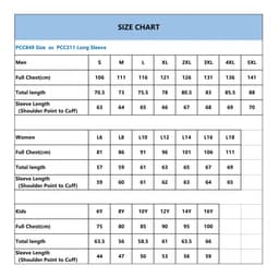 A size chart featuring measurements for unisex adults, women, and kids for long sleeve polo shirts, with various sizes listed.