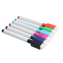 A set of six whiteboard markers in black, blue, pink, green, red, and purple, featuring chisel tips and white barrels.