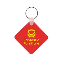 A square, red keyring with a silver metal keychain and a logo on one side.