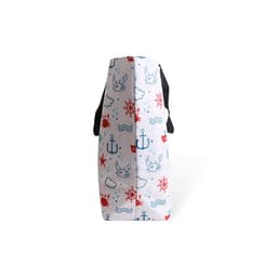 A large polyester cooler tote bag featuring a nautical design in red, blue, and white, with black handles.