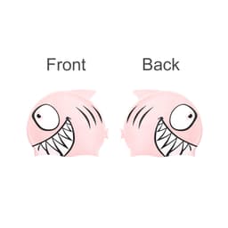 A silicone swim cap featuring a pink fish design with a cartoonish face and sharp teeth, displaying both front and back views.