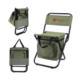 A green foldable camping chair with a cooler bag, featuring a black metal frame and a logo on the backrest.