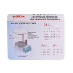 A rubber sponge mouse mat featuring a calendar and an image of a cleaning machine in blue and red.