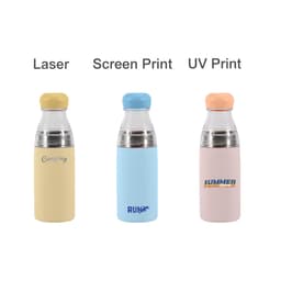 A drink bottle set featuring three 500ML stainless steel vacuum bottles in yellow, blue, and pink, each with a logo.