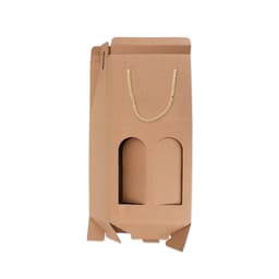A drink bottle packaging box in brown, featuring a rope handle and cut-out sections for two bottles. It includes a logo.
