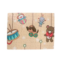 A colourful jigsaw puzzle featuring a clown, robot, dog, and bear, with a whimsical design on a beige background.