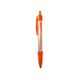 An orange plastic pen with a translucent barrel and a clip feature. It also has branding on the barrel.