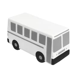 A white and black stress reliever shaped like a city bus, featuring windows and wheels, with a logo on it.