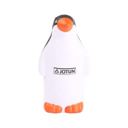 A white penguin-shaped stress reliever with orange features and a logo on its body.