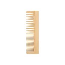 A bamboo comb in a natural wood finish, featuring wide and fine teeth for versatile styling.