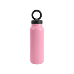 A drink bottle in pink stainless steel with a black magnetic phone holder on the cap and a logo.