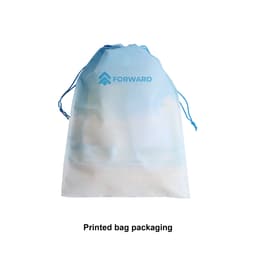 A printed bag featuring a blue and white beach design with a drawstring closure and a logo.