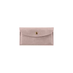 A pink PU leather glasses pouch with a snap closure and a subtle texture, featuring a small logo.