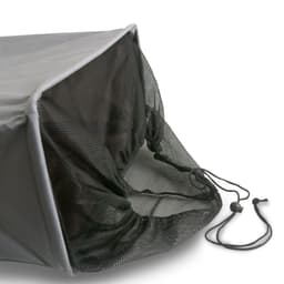 A grey laundry basket with a mesh section and drawstring closure, featuring wheels for easy transport.