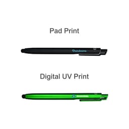 A black and a green ballpoint pen, featuring a logo, showcasing different printing techniques.