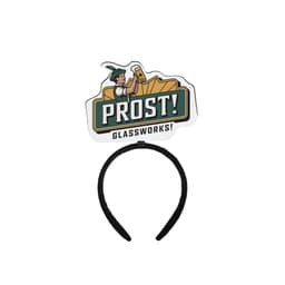 A black headband with a custom foam topper featuring a character holding a beer and the word "PROST!" above.