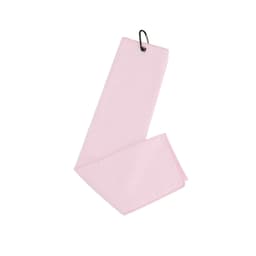 A pink waffle golf towel with a loop for easy attachment, featuring a textured surface.