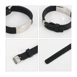 A black engraved stainless steel bracelet with a sleek metal clasp and adjustable strap. Features a logo on the metal part.