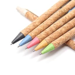 A set of five eco-friendly cork pens in black, blue, pink, yellow, and green, featuring a logo.