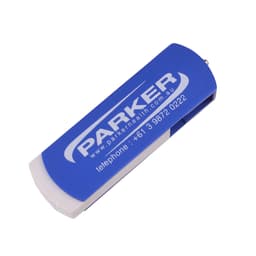 A blue and white flash drive featuring a logo. The design includes a clip for easy attachment.