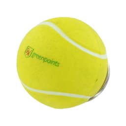 A yellow tennis ball stress item with white stripes, attached to a metal keyring. Features a logo.