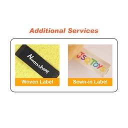 A woven label and a sewn-in label are displayed on textured fabric, showcasing branding options in black and multicolour.