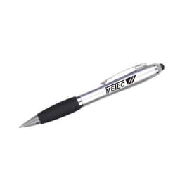 A silver stylus pen with a black grip and a logo, featuring both a ballpoint and touch tip.