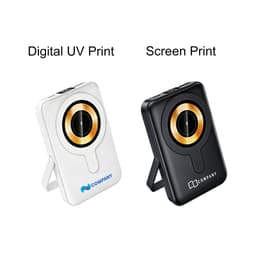 A 10000mAh magnetic wireless power bank available in white and black, featuring a phone stand and a logo.