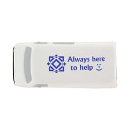 A white van-shaped stress reliever with a blue logo and text. Ideal for stress relief and fun.