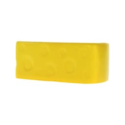 A yellow cheese-shaped stress reliever with a smooth surface and raised dots, designed for fun and stress relief.