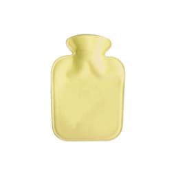 A hot water bottle with a soft yellow plush cover, featuring a simple design and rounded top.
