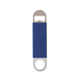 A drink bottle opener featuring a blue PU handle and stainless steel ends, with a logo on the surface.