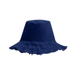 A navy blue bucket hat with a raw edged brim and no visible logo.