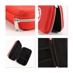 A red hard shell case with a zipper, featuring a textured exterior and mesh pockets inside.