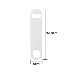 A drink bottle opener in white, measuring 17.8 cm by 4 cm, featuring a circular keyring attachment and a logo.