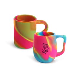 A set of two custom silicone mugs in vibrant pink, blue, and green swirl patterns, featuring a logo.
